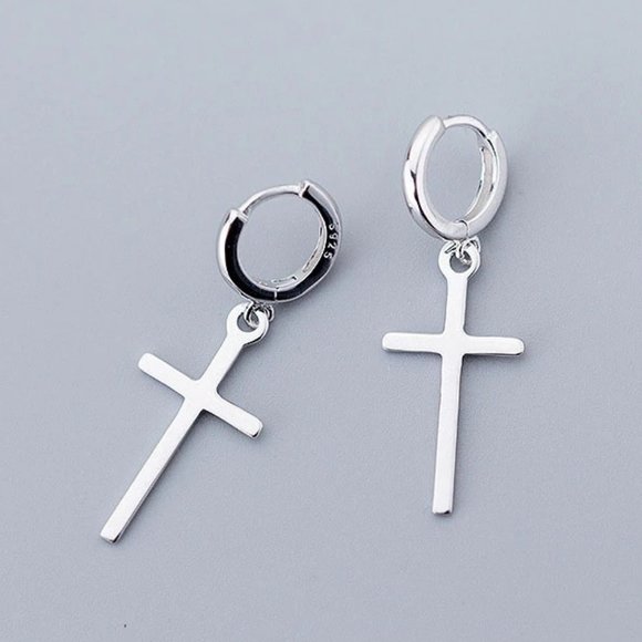 NEW 925 Sterling Silver Cross Huggie Hoop Earrings - Picture 1 of 8